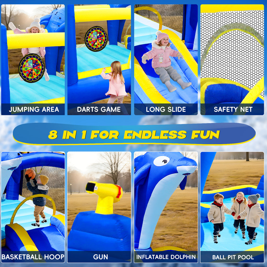 8 In1 Inflatable Slide Water Park Bouncing House Outdoor Garden with Dolphin Sprinkler, Target Games, Water Gun & Basketball