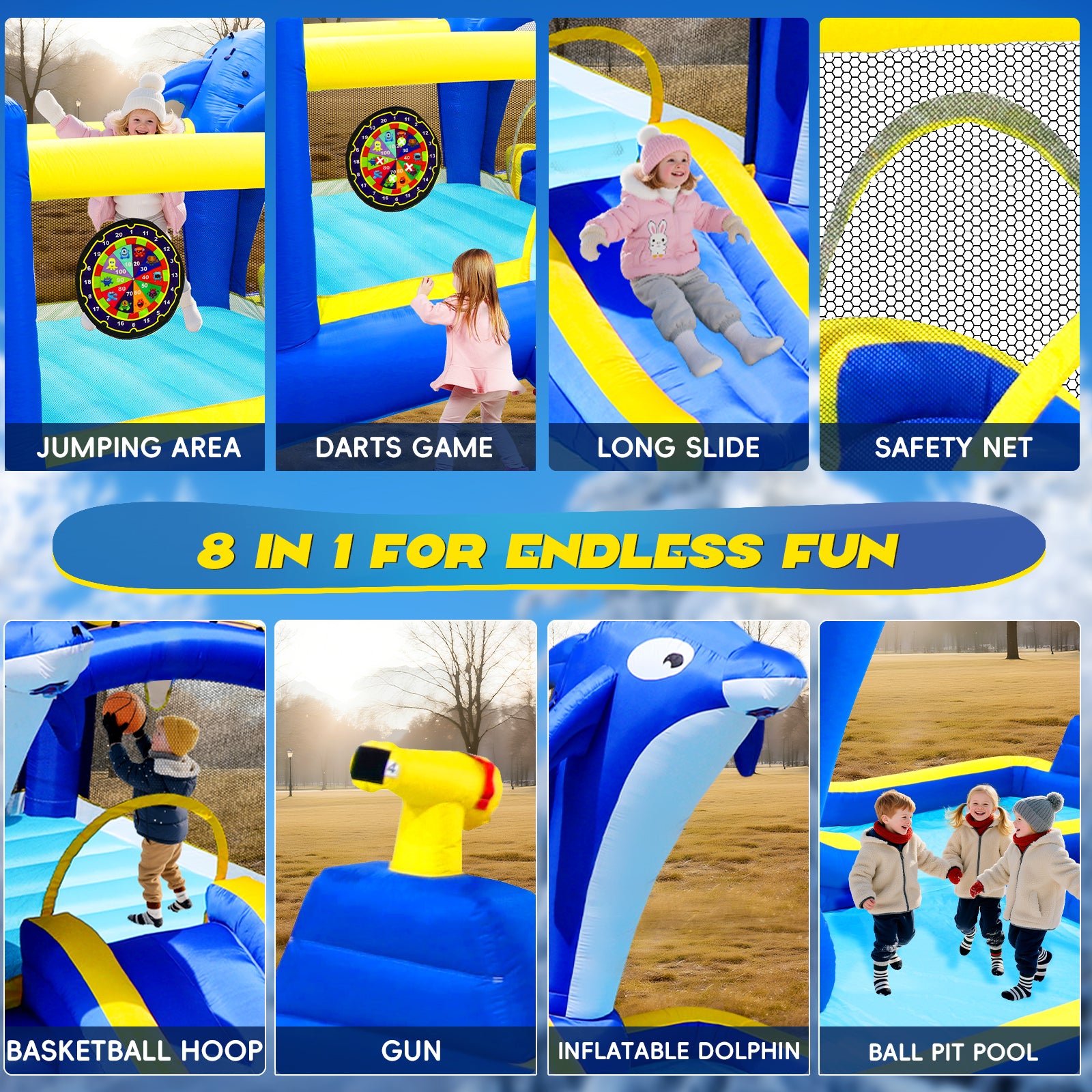 8 In1 Inflatable Slide Water Park Bouncing House Outdoor Garden with Dolphin Sprinkler, Target Games, Water Gun & Basketball