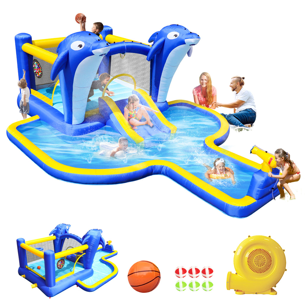 8 In1 Inflatable Slide Water Park Bouncing House Outdoor Garden with Dolphin Sprinkler, Target Games, Water Gun & Basketball