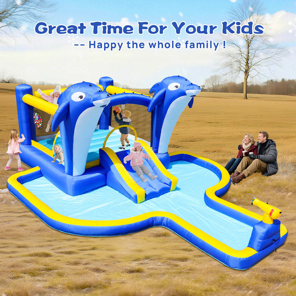 8 In1 Inflatable Slide Water Park Bouncing House Outdoor Garden with Dolphin Sprinkler, Target Games, Water Gun & Basketball
