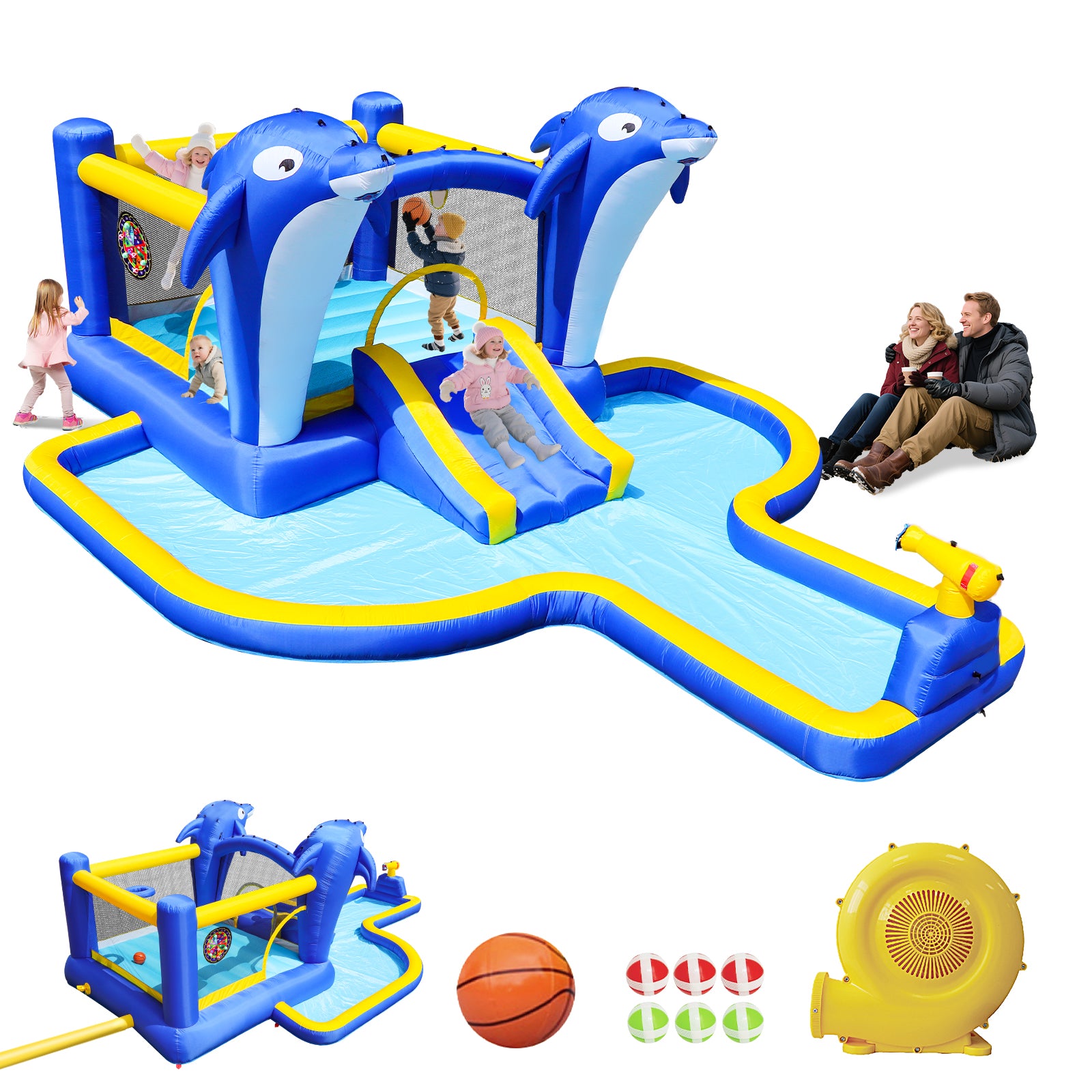 8 In1 Inflatable Slide Water Park Bouncing House Outdoor Garden with Dolphin Sprinkler, Target Games, Water Gun & Basketball