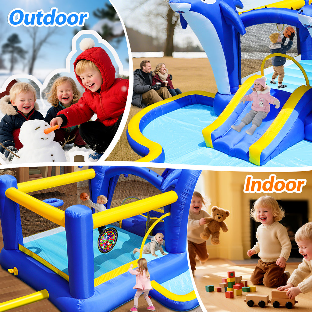 8 In1 Inflatable Slide Water Park Bouncing House Outdoor Garden with Dolphin Sprinkler, Target Games, Water Gun & Basketball
